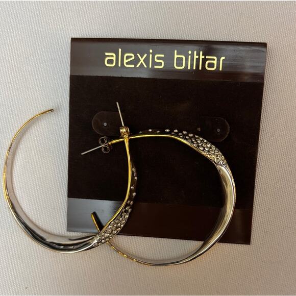 ALEXIS BITTAR Crystal Encrusted Twisted Two Tone Silver-Gold Hoop Earrings | NWT - Picture 9 of 12